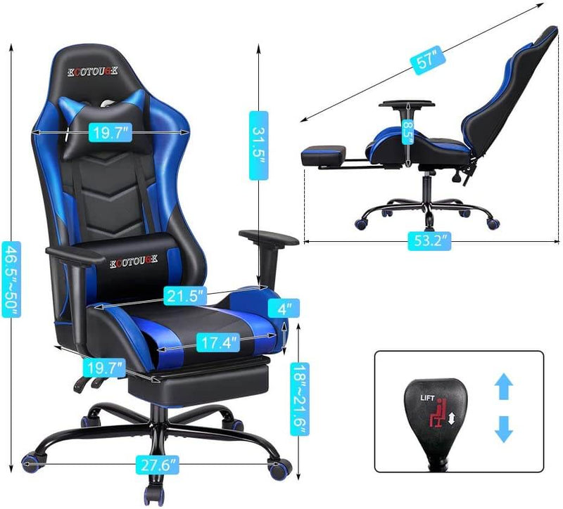 Gaming Chair Massage Ergonomic Office Chair High Back Computer Chair Racing PU Leather Recliner with Footrest, Black & Blue
