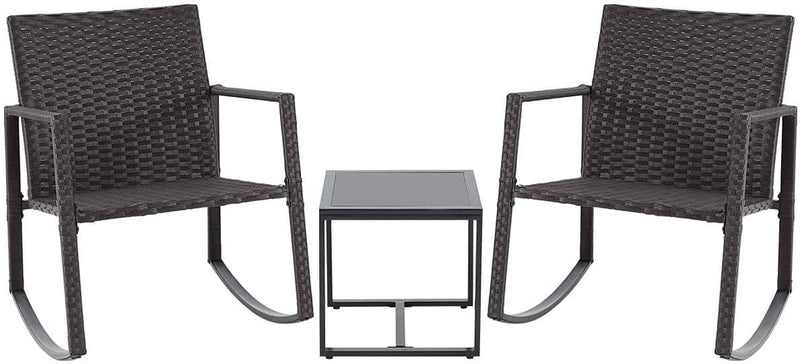 3 Pcs Patio Rocking Bistro Set Wicker Porch Chairs Outdoor Furniture Conversation Set w/ Coffee Table