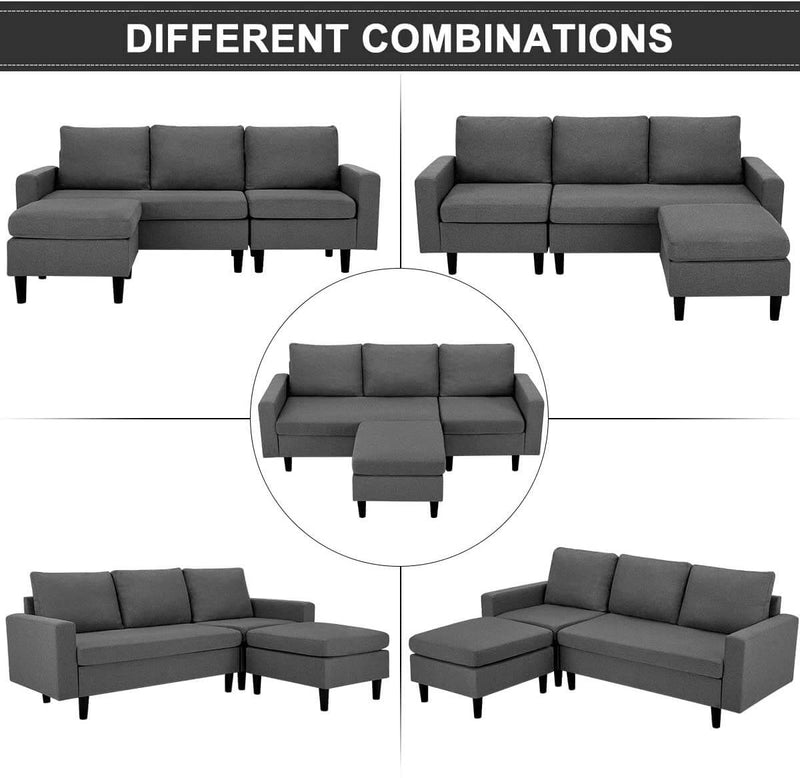 Esright Enlarged Convertible Sectional Sofa Couch, 3-seat Sofa Couch with Ottoman, L-Shaped Sofa with Modern Linen Fabric, for Living Room or Apartment, Dark Gray