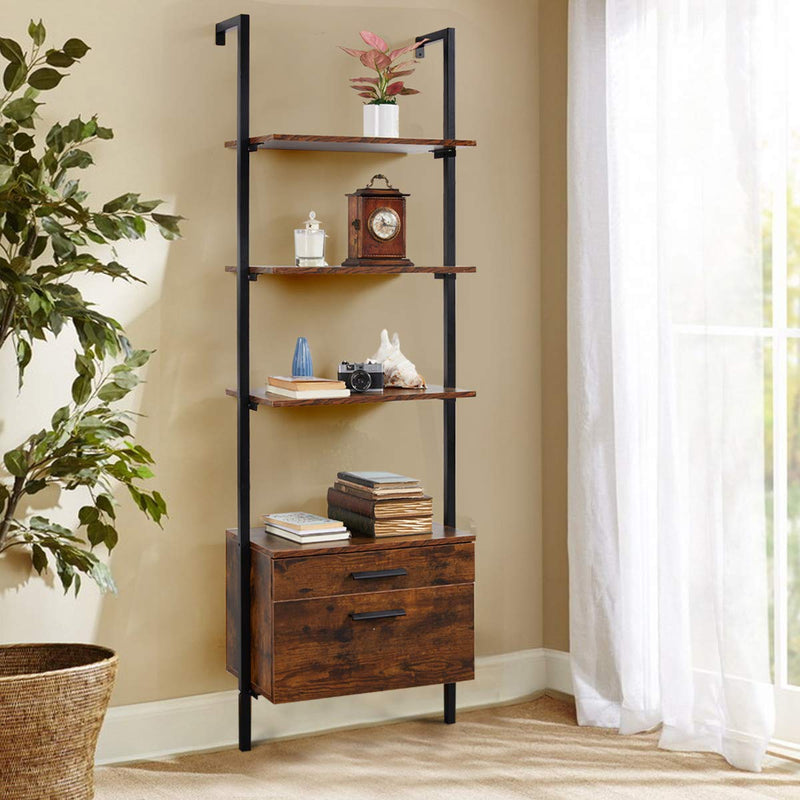 Wall Mouted Industrial 3-Tier Bookshelf with 2 Wood Drawers, Black