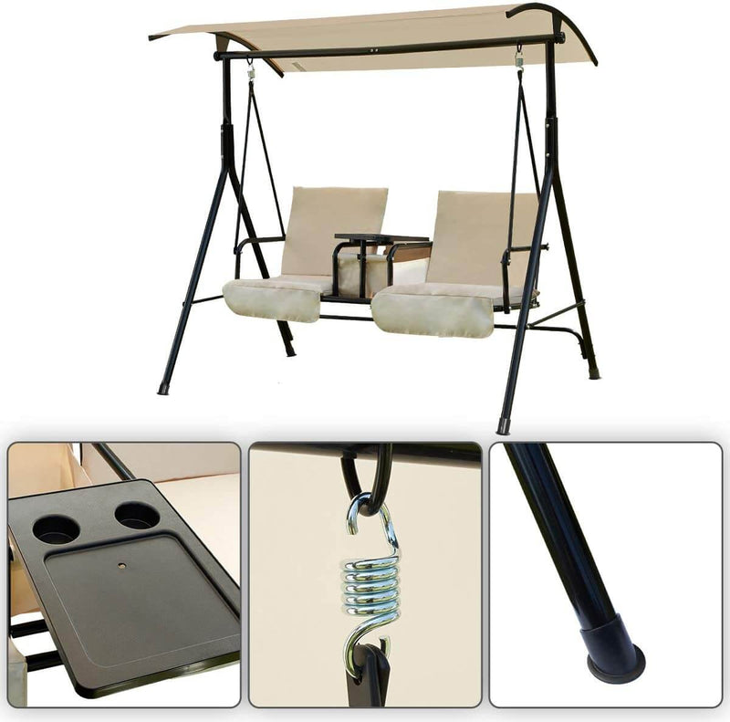 2 Person Patio Porch Swing Outdoor Swing Chair with Adjustable Tilt Canopy, Table and Storage Console, Beige