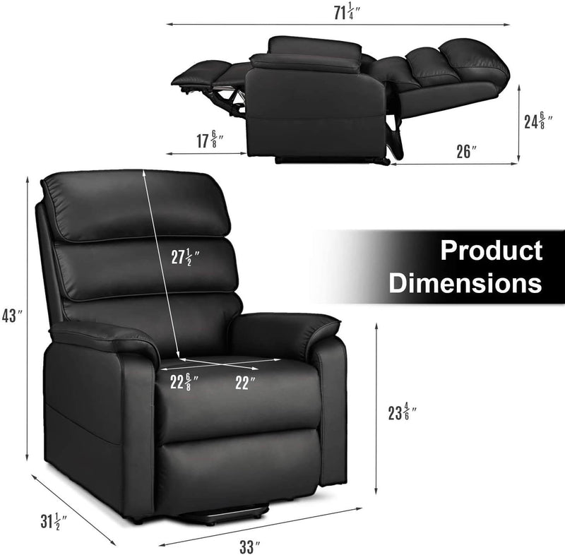 Electric Power Recliner Lift Chair Dual Motor Faux Leather Electric Recliner for Elderly, Heated Vibration Massage Sofa with Side Pockets & Remote Control, Black
