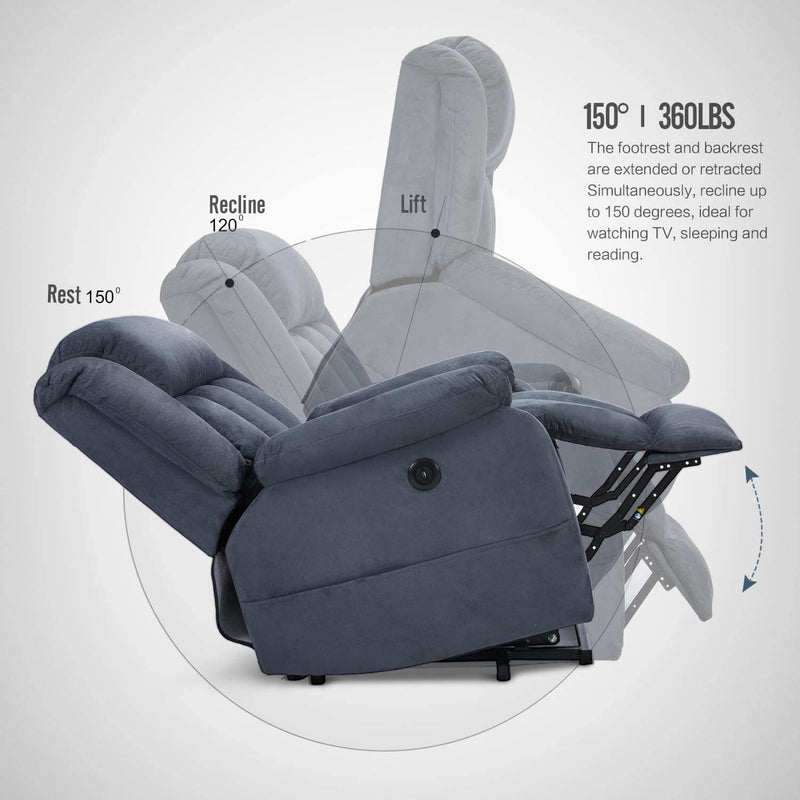 Power Lift Chair Electric Recliner Sofa for Elderly, Microfiber Electric Recliner Chair with Heated Vibration Massage, Side Pocket and USB Port, Blue Gray