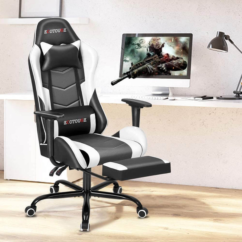 Gaming Chair Massage Ergonomic Office Chair High Back Computer Chair Racing PU Leather Recliner with Footrest, Black & White