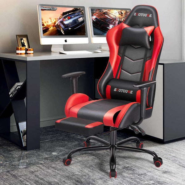 Gaming Chair Massage Ergonomic Office Chair High Back Computer Chair Racing PU Leather Recliner with Footrest, Black & Red