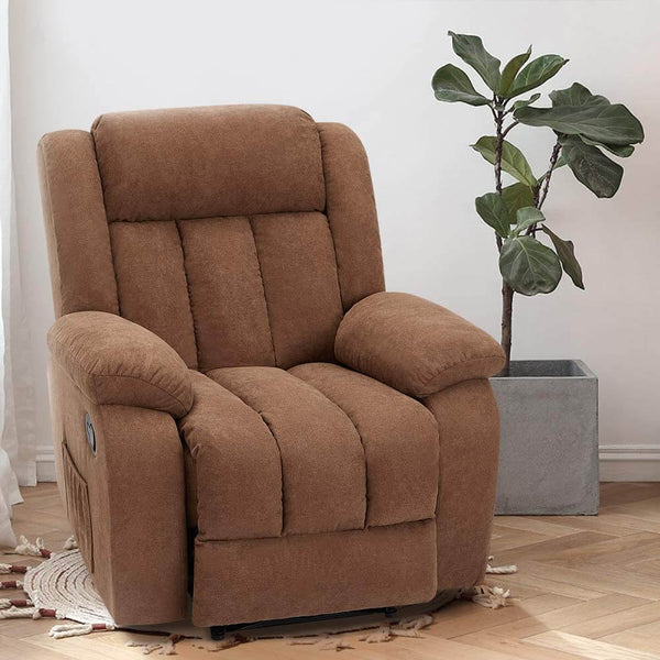 Massage Recliner Chair Fabric Heated Ergonomic Lounge Chair Overstuffed Reclining Chair Single Sofa for Living Room, Remote Control, Chocolate