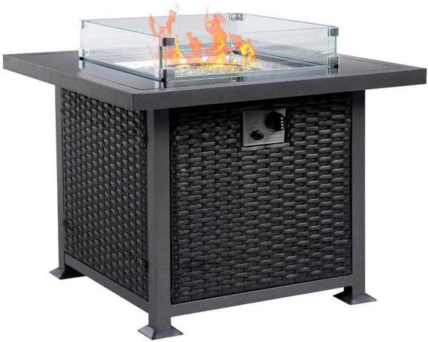 32'' Propane Gas Fire Pits Table, Auto-Ignition Gas Firepit with Glass Wind Guard, Black Tempered Glass Tabletop & Glass Rock, Black PE Rattan