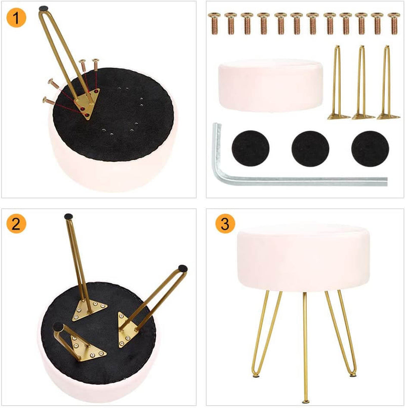 Velvet Footrest Ottoman Round Modern Upholstered Vanity Footstool Side Table Seat Dressing Chair with Golden Metal Leg, Pink