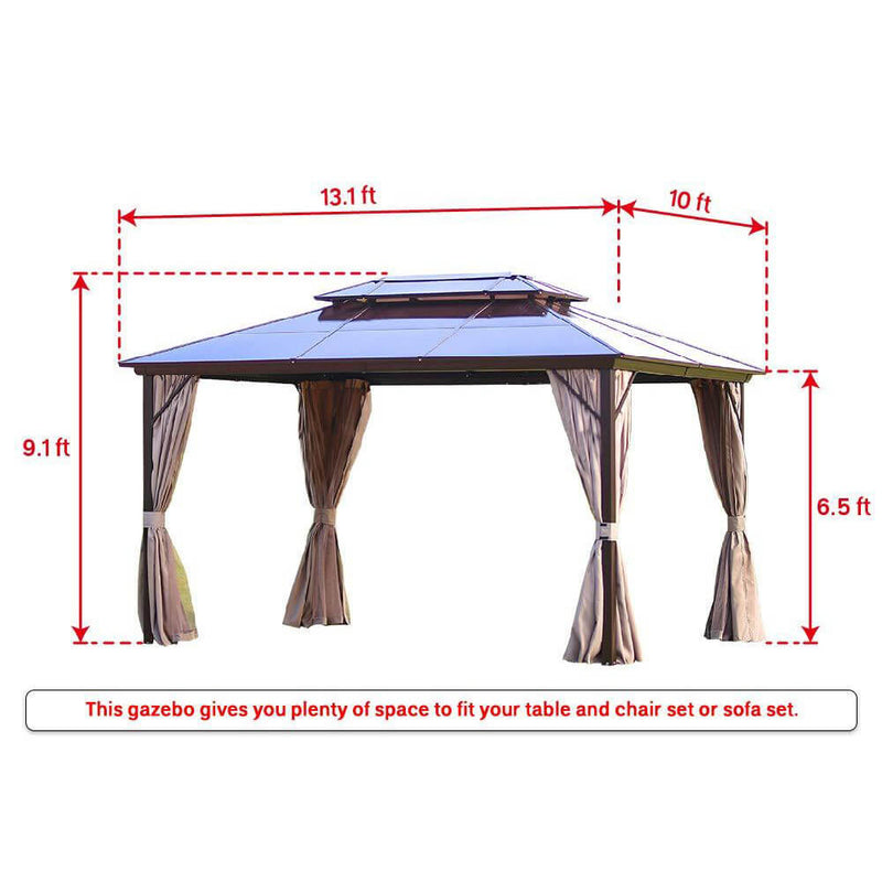 Patio Hardtop Gazebo, 10 x 13ft Double Roof Gazebos Aluminum Gazebo with Netting & Curtains