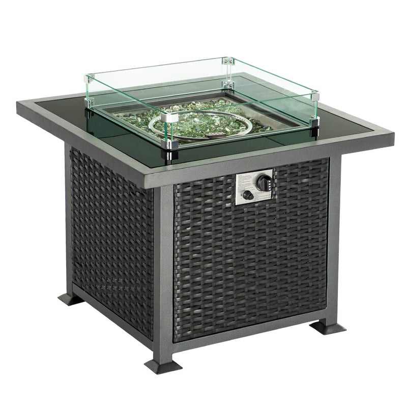 32'' Propane Gas Fire Pits Table, Auto-Ignition Gas Firepit with Glass Wind Guard, Black Tempered Glass Tabletop & Glass Rock, Black PE Rattan