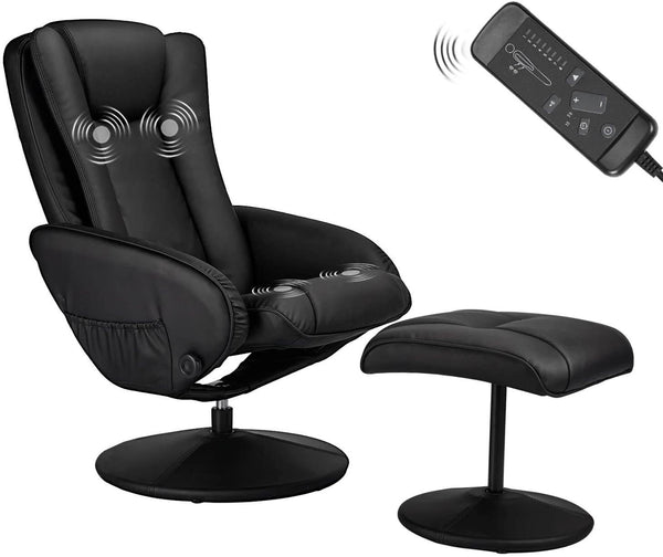 Recliner Chair and Ottoman, 360 Degrees Swivel Ergonomic Faux Leather Lounge Recliner with Footrest, Vibration Massage Lounge Chair with Side Pocket, Black