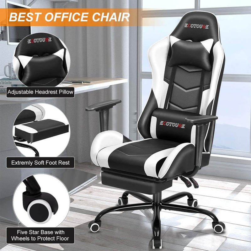 Gaming Chair Massage Ergonomic Office Chair High Back Computer Chair Racing PU Leather Recliner with Footrest, Black & White