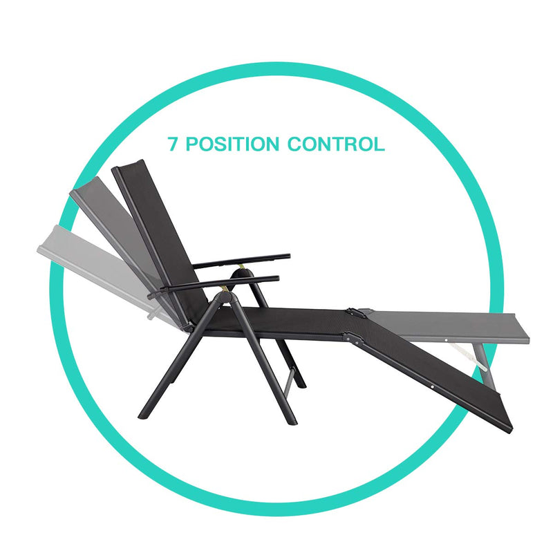 Outdoor Folding Textiline Reclining Chaise Lounge Chair Adjustable Positions (Black)