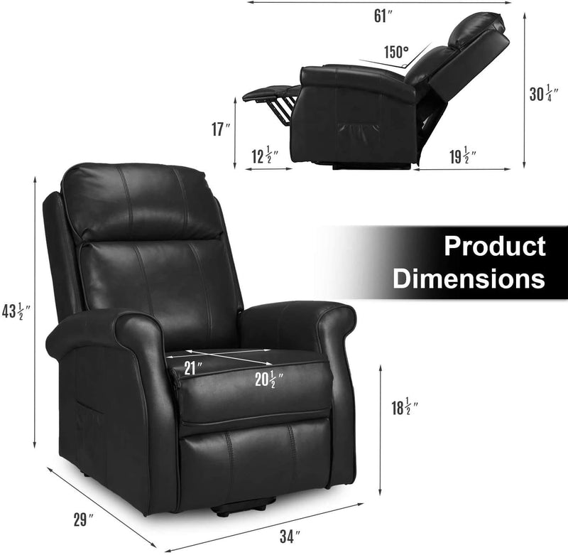 Electric Power Lift Recliner Chair, Faux Leather Electric Recliner for Elderly with Heated Vibration Massage, Side Pocket & Remote Control, Black