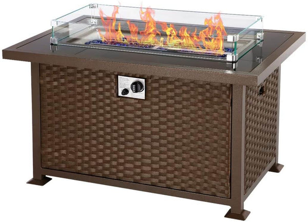 44in Propane Gas Fire Pit Table, Auto-Ignition Gas Firepit with Glass Wind Guard, Black Tempered Glass Tabletop & Blue Glass Stone, Brown Rattan