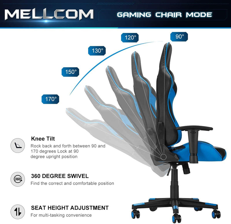Gaming Chair Racing Office Chair, Ergonomic High Back Desk Chair Height Adjustment Swivel Rocker with Headrest and Lumbar Support Pillow (Blue)