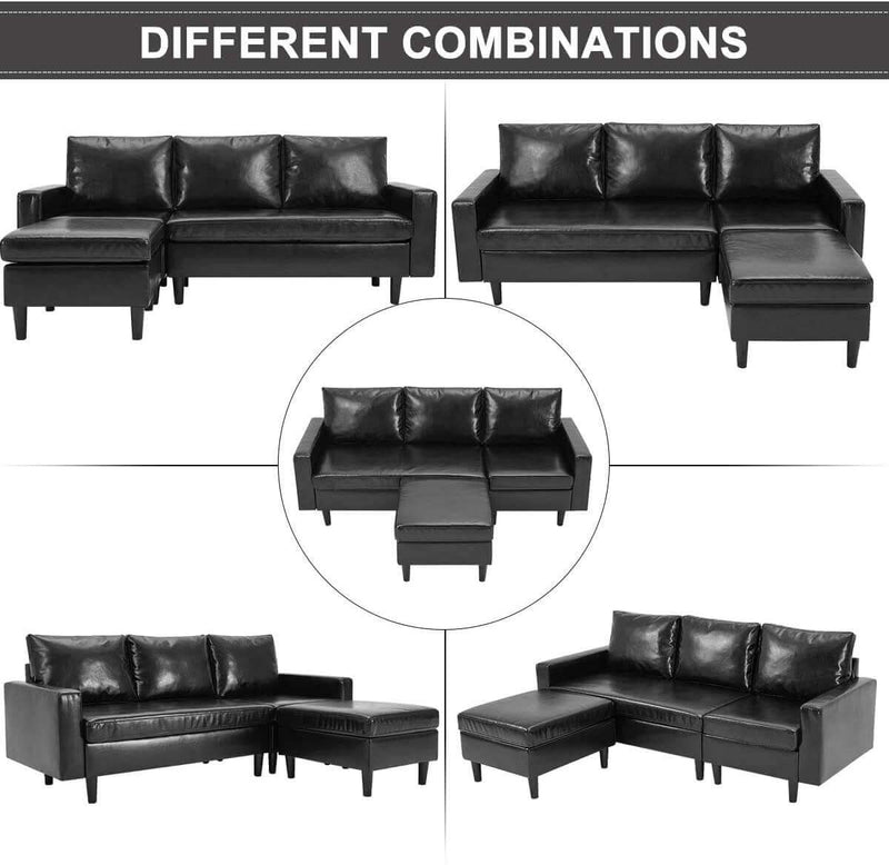 Convertible Sectional Sofa Couch, 3-seat Sofa Couch with Ottoman, L-Shaped Sofa with Modern PU Leather Fabric, for Living Room or Apartment (Black)