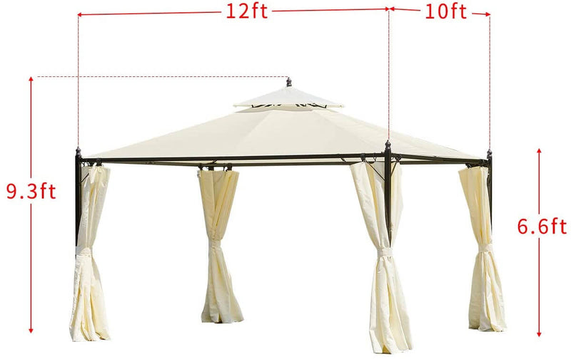 10 x 12 FT Double-Roof Softtop Gazebo Canopy, Outdoor Steel Frame Gazebo with Shade Curtains, Cream