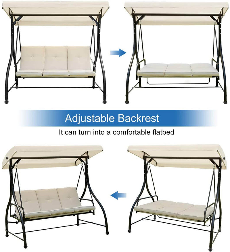 3 Person Patio Porch Swing Outdoor Swing Chair with Adjustable Canopy Weather Resistant Steel Frame & Padded, Beige