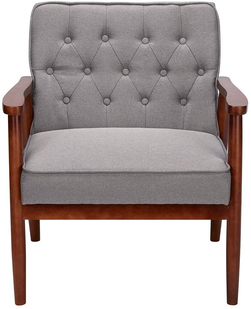 Mid-Century Retro Lounge Accent Chair Faux Leather Tufted Back Wooden Arm Chair Grey Fabric