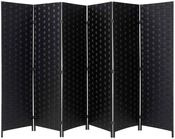 6 Panels Room Divider, 6 FT Tall Weave Fiber Room Divider, Double Hinged Folding Privacy Screens, Freestanding Room Dividers, Black