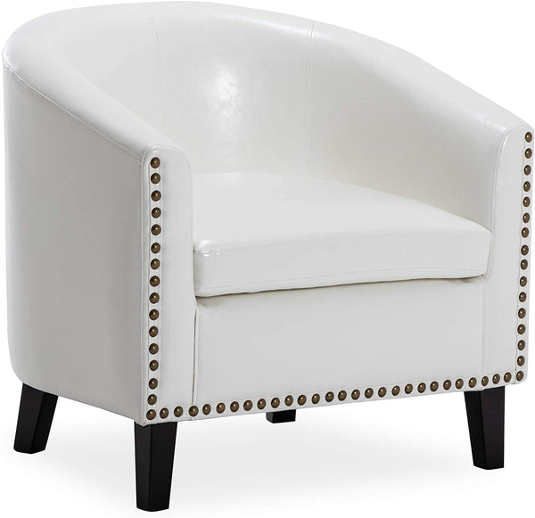 Modern Tub Barrel Accent Chair Upholstered Faux Leather with Nail Head, White
