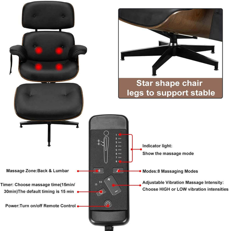 Mid Century Lounge Chair with Ottoman, Classic Lounge Chair Premium Faux Leather with Light Vibration Massage Function and Storage Bag（Black）