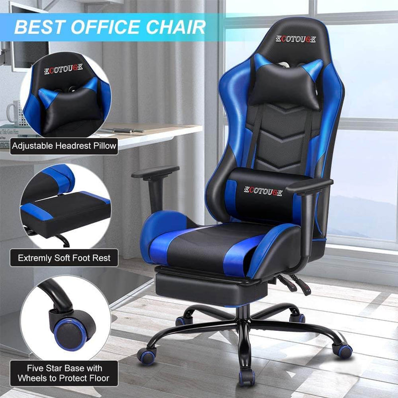 Gaming Chair Massage Ergonomic Office Chair High Back Computer Chair Racing PU Leather Recliner with Footrest, Black & Blue