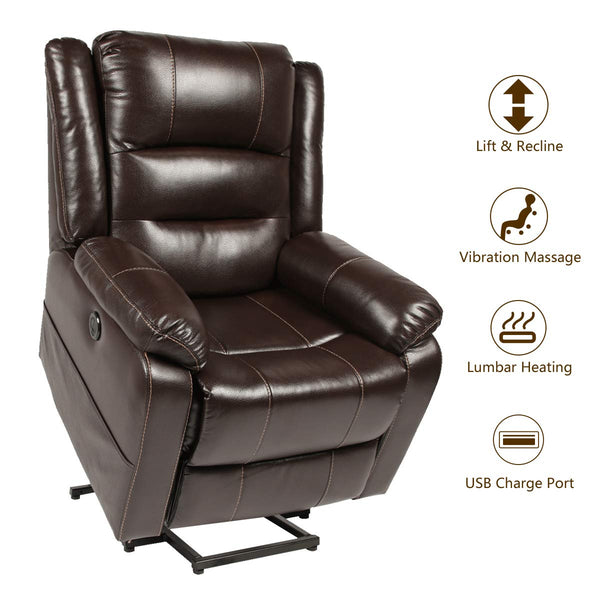 Power Lift Chair Faux Leather Electric Recliner for Elderly, Heated Vibration Massage Sofa with Side Pockets, USB Charge Port & Remote Control, Dark Brown