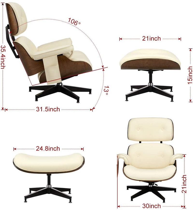 Mid Century Lounge Chair with Ottoman, Classic Lounge Chair Premium Faux Leather with Light Vibration Massage Function and Storage Bag（White)
