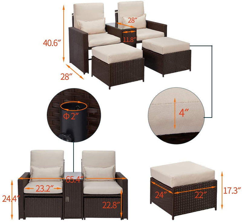 5 Pcs Outdoor Furniture Sets PE Wicker Rattan Chair Recliner with Ottoman and Table