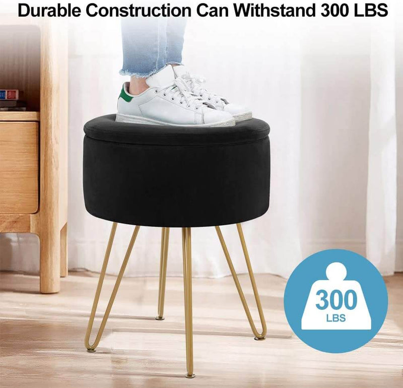Velvet Footrest Storage Ottoman Round Modern Upholstered Vanity Footstool Side Table Seat Dressing Chair with Golden Metal Leg, Black
