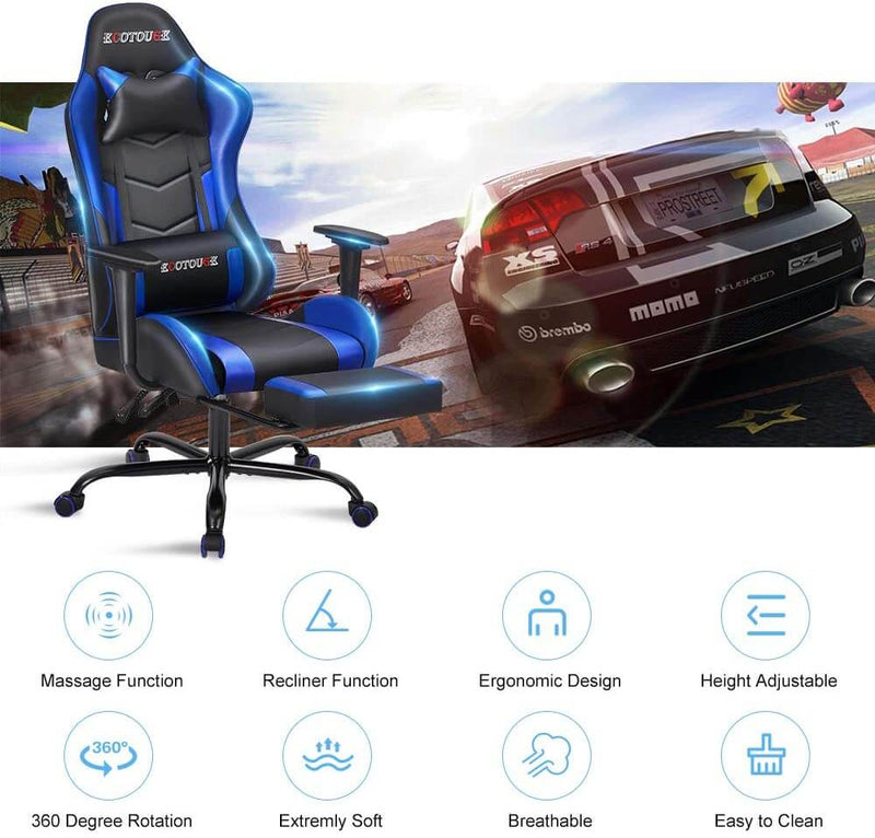 Gaming Chair Massage Ergonomic Office Chair High Back Computer Chair Racing PU Leather Recliner with Footrest, Black & Blue