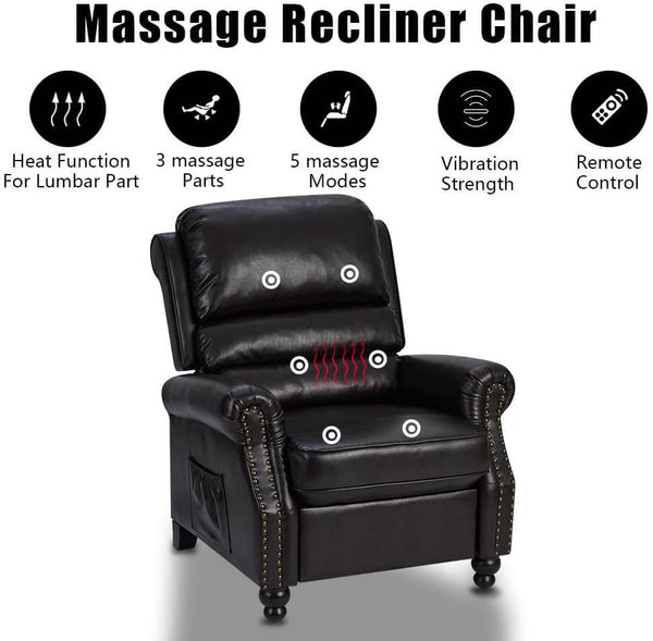 Massage Recliner Chair, Arm Chair Push Back Recliner with Rivet Decoration, PU Leather Power Recliner Chair with 6 Point Massage and Heat (Brown)