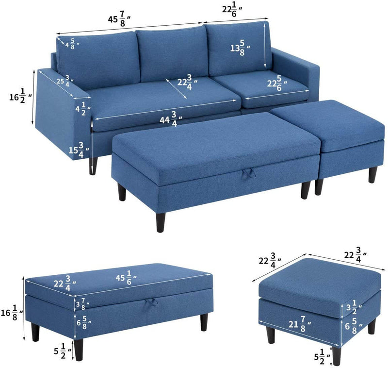 Sectional Sofa with Ottoman and Chaise Lounge, 3-Seat Living Room Furniture Sets, L-Shape Couch Sofa for Living Room, Blue