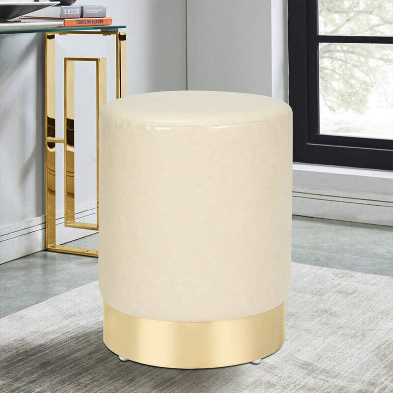 PU Leather Ottoman Round Foot Stool Footrest, Soft Compact Padded Stool, Living Room Bedroom Decorative Furniture, Cream