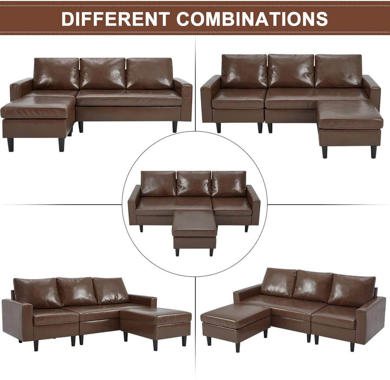 Convertible Sectional Sofa Couch, 3-seat Sofa Couch with Ottoman, L-Shaped Sofa with Modern PU Leather Fabric, for Living Room or Apartment (Brown)