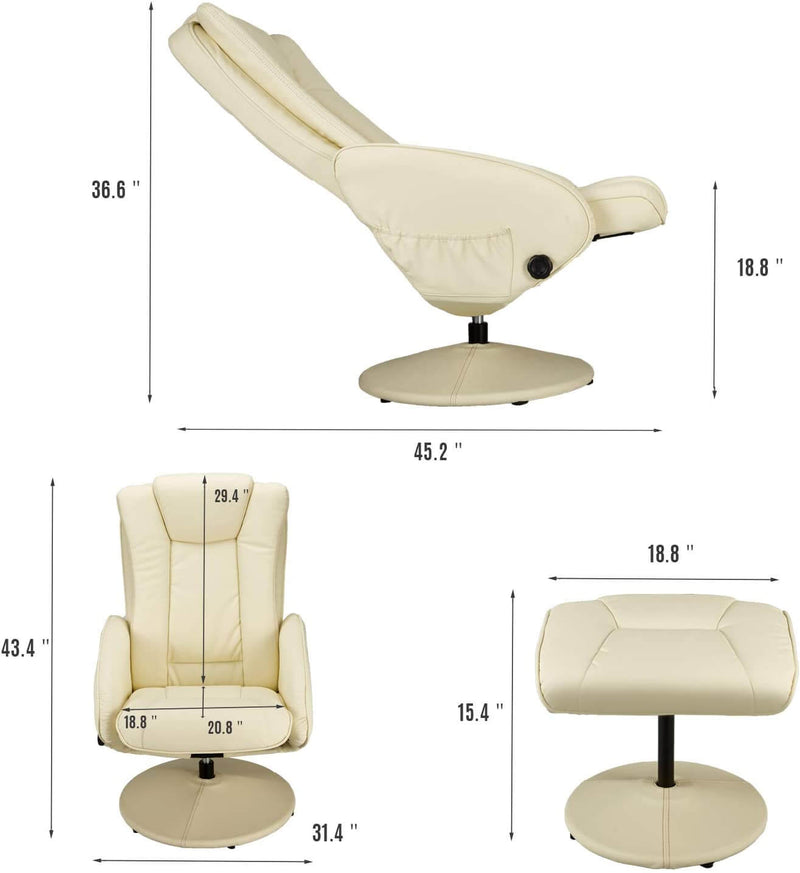 Recliner Chair and Ottoman, 360 Degrees Swivel Ergonomic Faux Leather Lounge Recliner with Footrest, Vibration Massage Lounge Chair with Side Pocket, Cream White