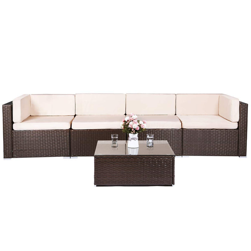 5 Pieces Brown Patio PE Rattan Wicker Sofa Set Outdoor Sectional Furniture Chair Set with Cushions and Tea Table Brown