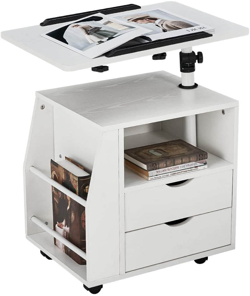 Bedside Table Height Adjustable End Table, Wooden Nightstand with Swivel Top, Storage Drawers & Universal Wheels, White