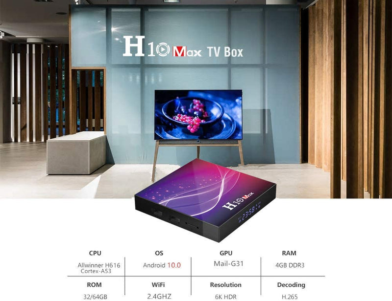 Android 10.0 TV Box Smart TV Box 4GB RAM 64GB ROM, HD 6K 2.4G WiFi BT4.0 1000M,Streaming Media Player