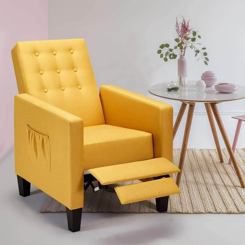 Mid-Century Modern Fabric Recliner with Vibrated Massage, Push Back Recliner Chair w/Side Pocket and Button Tufted Back Single Sofa Chair for Living Room, Yellow