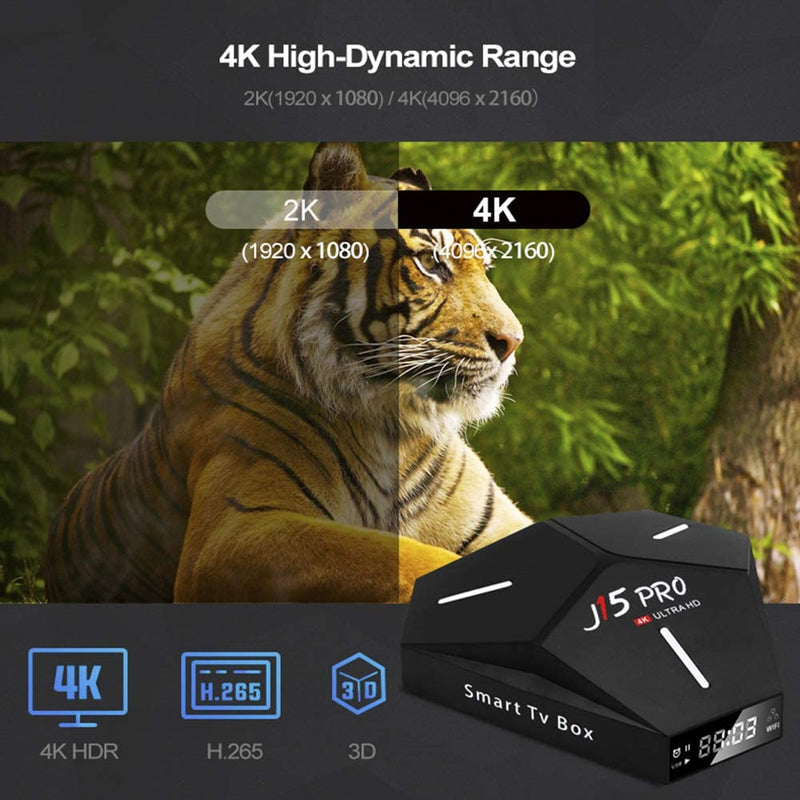 Dnyker Android 9.0 TV Box, Quad-core Cortex-A53 CPU 4GB RAM 64GB ROM 2.4GHz/5GHz Dual Band WiFi 4K Ultra HD Resolution Bluetooth 4.0 Streaming Media Player