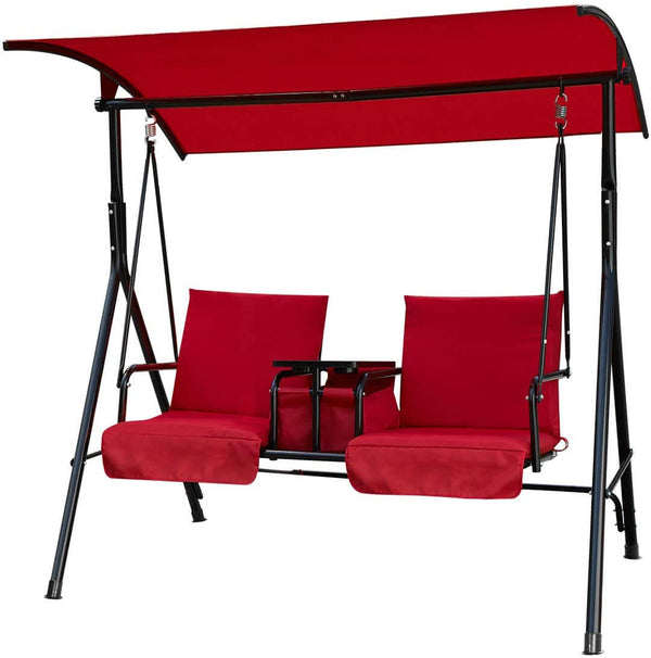 Patio Porch Swing 2 Person Outdoor Swing Chair with Adjustable Tilt Canopy, Table and Storage Console, Red