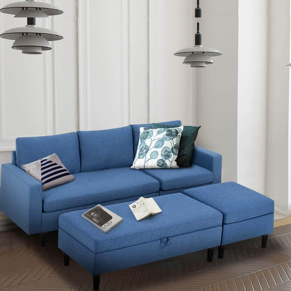 Sectional Sofa with Ottoman and Chaise Lounge, 3-Seat Living Room Furniture Sets, L-Shape Couch Sofa for Living Room, Blue