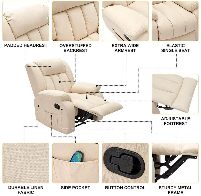 Massage Recliner Chair Fabric Heated Ergonomic Lounge Chair Overstuffed Reclining Chair Single Sofa for Living Room, Remote Control, Beige