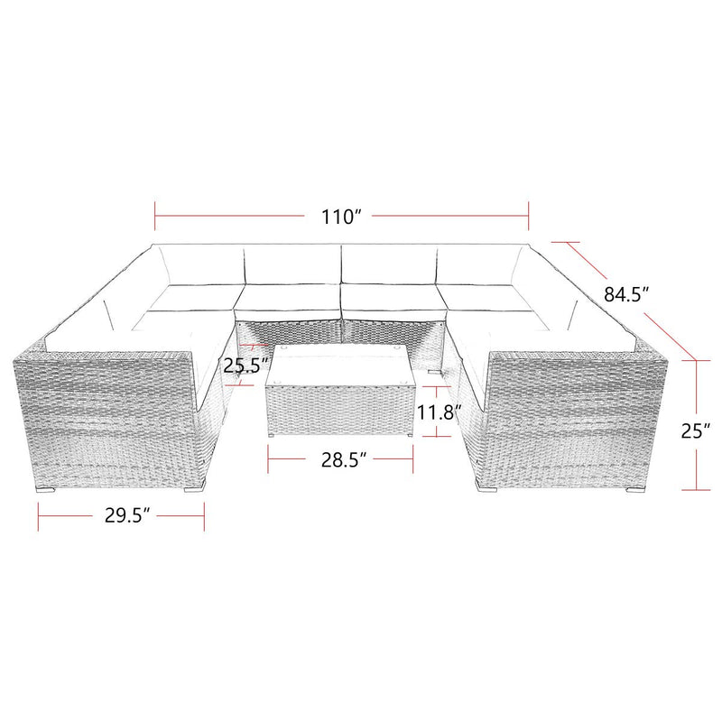 9 Pieces Patio PE Rattan Wicker Sofa Set Outdoor Sectional Furniture Conversation Chair Set with Cushions and Tea Table Black