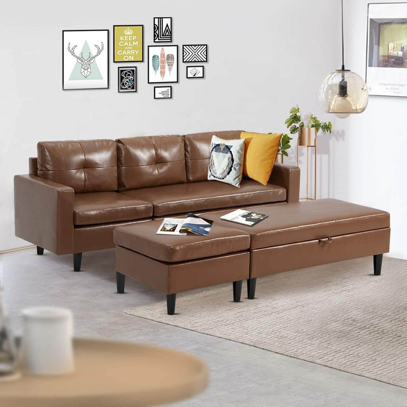 Small Faux Leather Sectional Sofa with Storage Ottoman and Chaise Lounge, 3-Seat Living Room Furniture Sets for Small Apartment, Brown