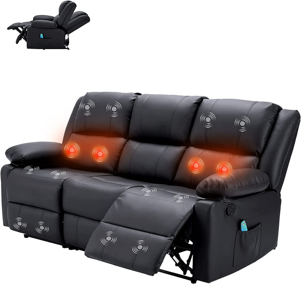 YODOLLA 3 Seat Leather Recliner Sofa in Black