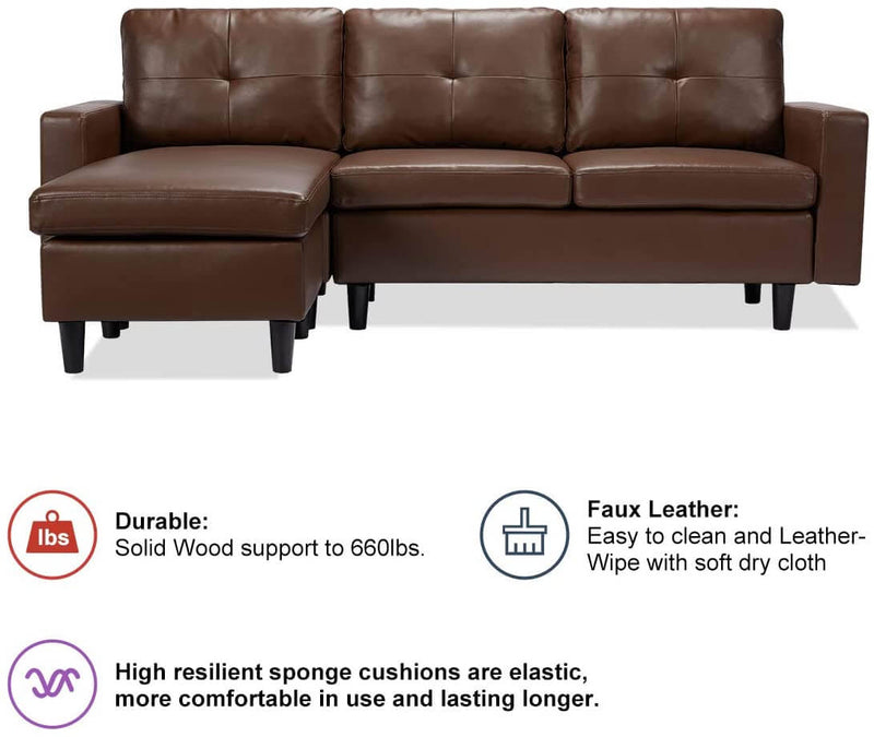 Faux Leather Sectional Sofa Convertible Couch Brown Leather L-Shape Couch for Small Space Apartment